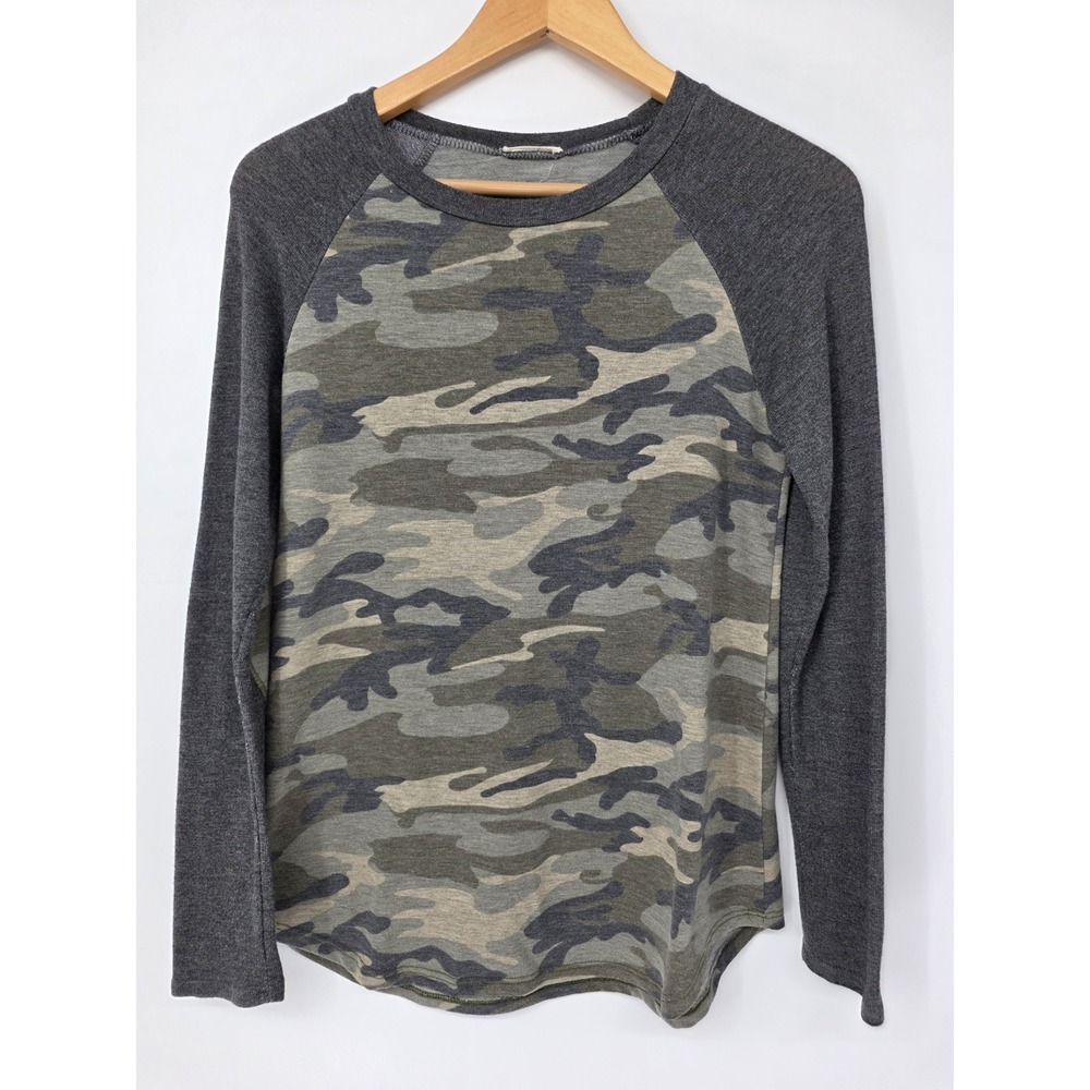 Women's Camouflage Baseball Tee Gray Camouflage Elbow Patch Made In USA Small